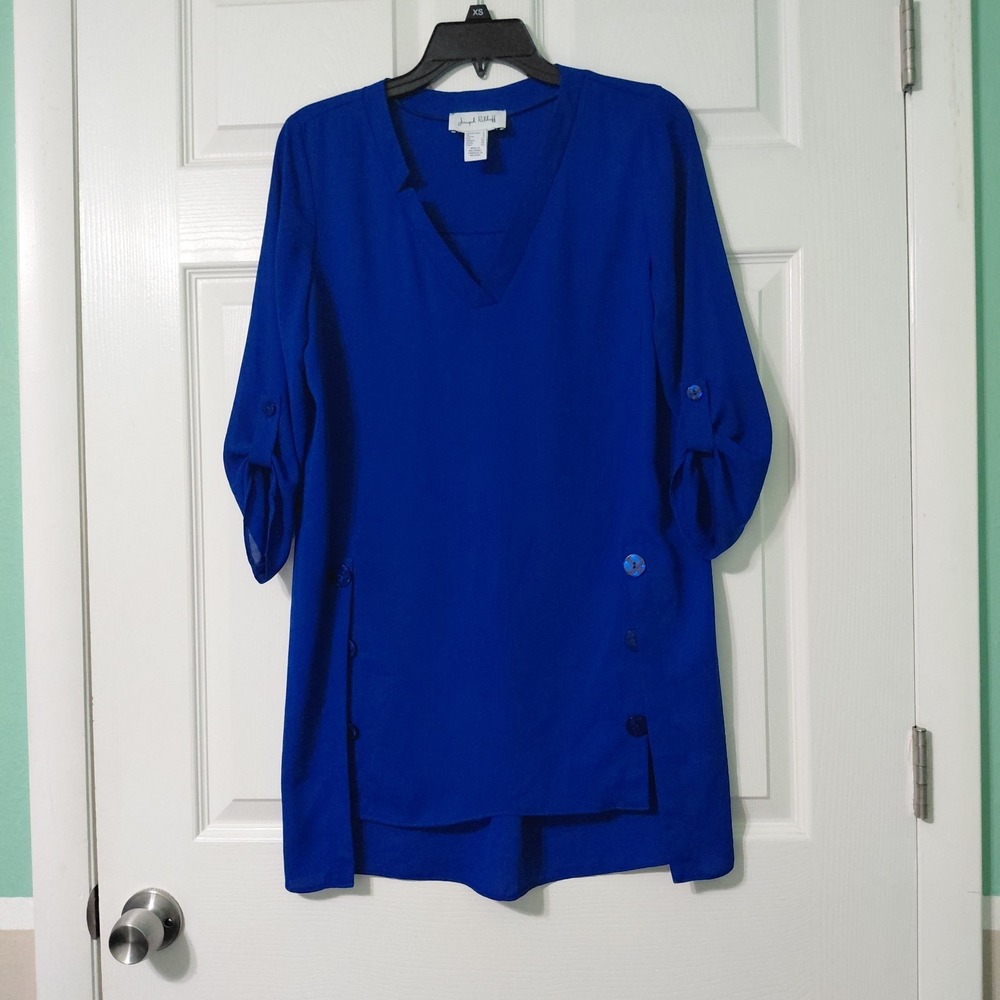 Joseph Ribkoff Tunic Blouse Womens Size 6 Royal Blue V Neck Roll Tab Sleeve